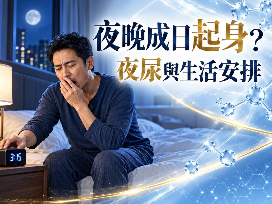 香港男士生活情境示意，配深藍金色文字「夜晚成日起身？ 夜尿與生活安排」，無產品圖片